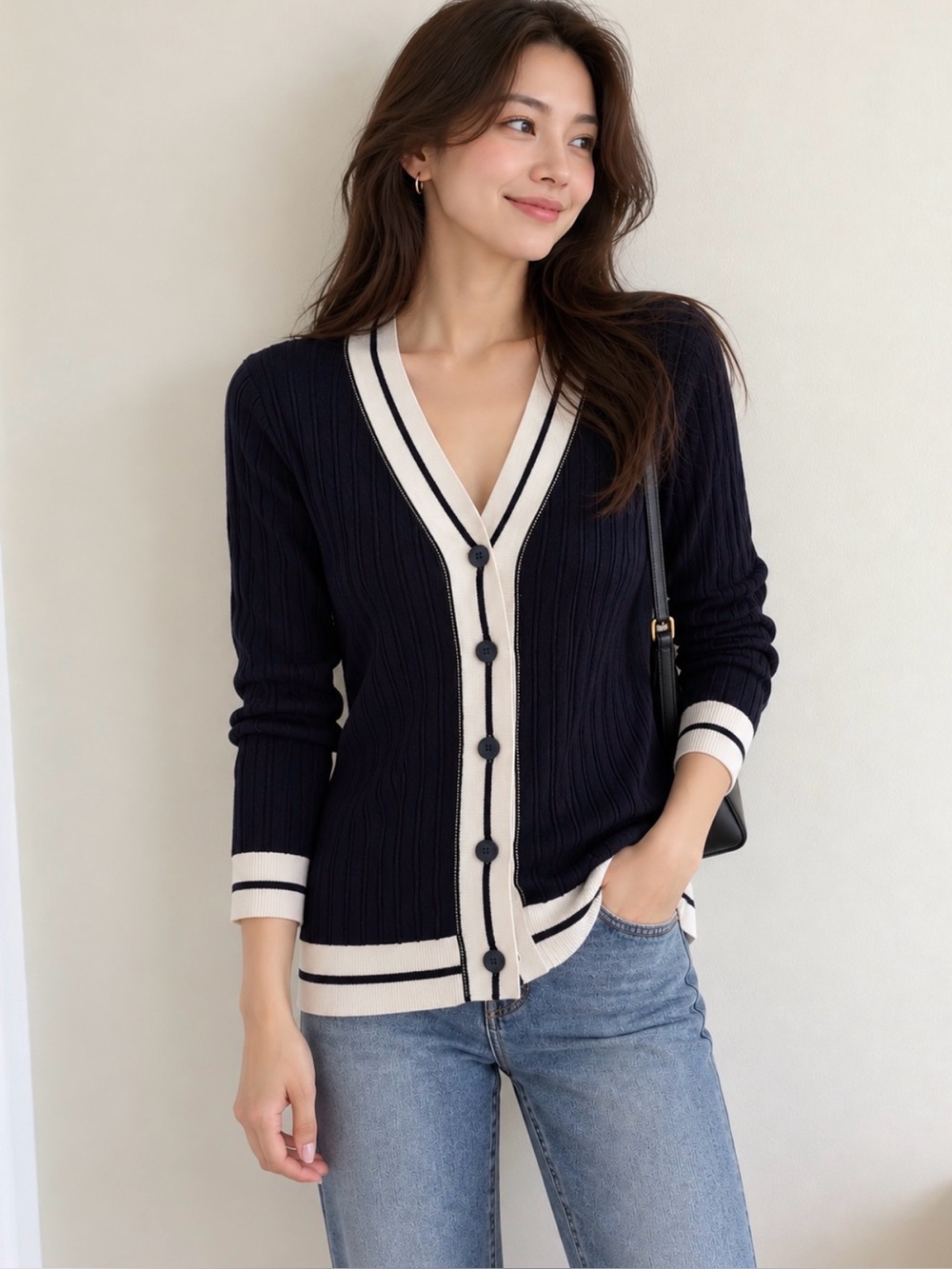 Oscar de la Renta knit black ribbed long sleeve withe trim size S like new